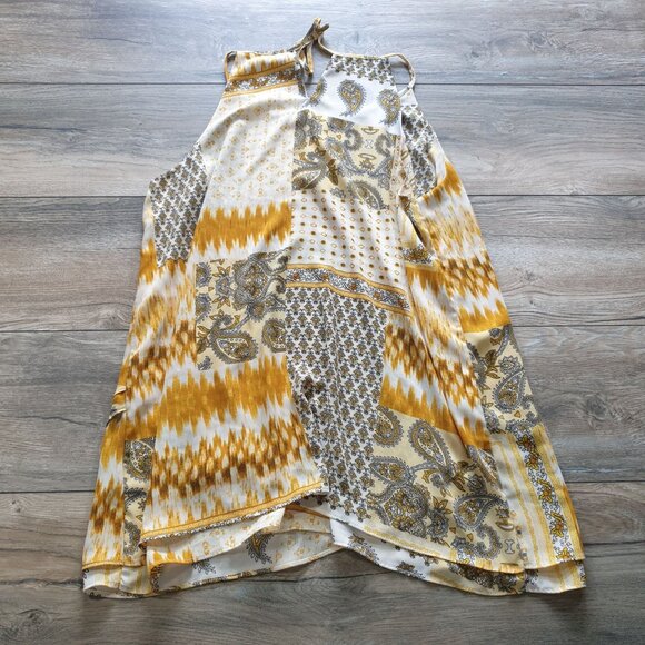 Tahari Women Sleeveless Strap Patchwork Printed Blouse Size L Asymmetrical Gold - Picture 5 of 5